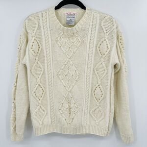 Talbots Womens Sweater Size Small Ivory Cream Gold Beaded Cable Knit Pullover
